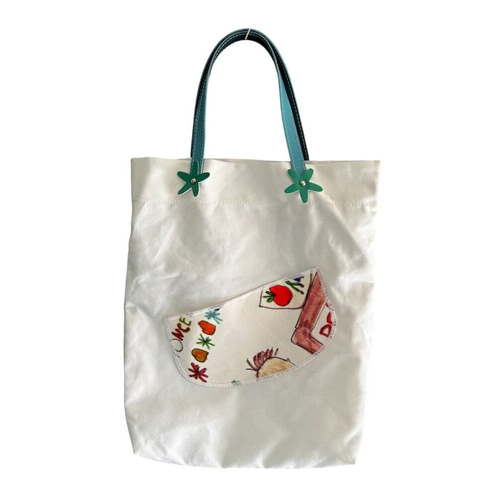 Valenti Canvas Tote Bag Colorful Art Patch Pocket & Teal Flower Handles White